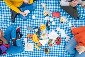 Four people friends unrecognizable outdoor camping having pic nic on checked tablecloth